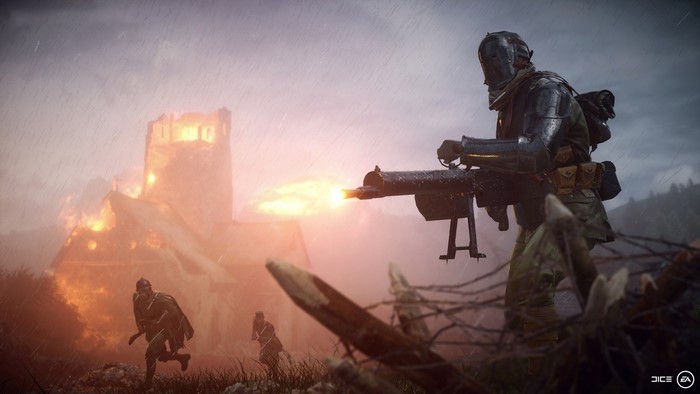 Soldier with MG 08/15 in burning Battlefield 1 scene