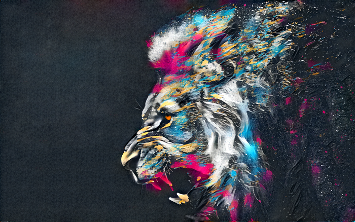 Abstract painting of a lion's head with colorful splashes