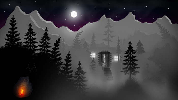 Nighttime mountain landscape with a cabin and campfire