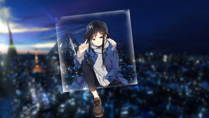 Anime girl in blue jacket and cap on city background