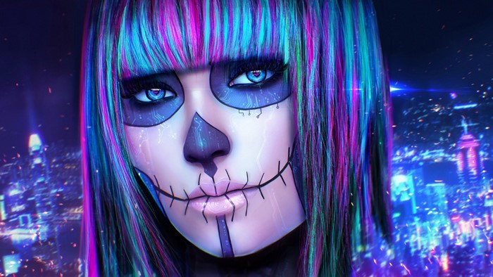 Woman with colorful hair and skull makeup in neon city