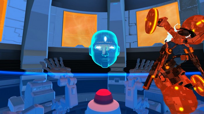 Furi screenshot with holographic head and robot