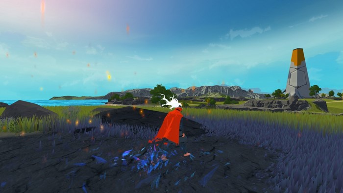 Character with red cape in a video game landscape