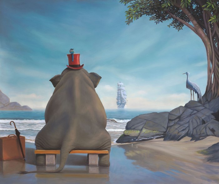 Elephant in Top Hat Sitting by the Sea