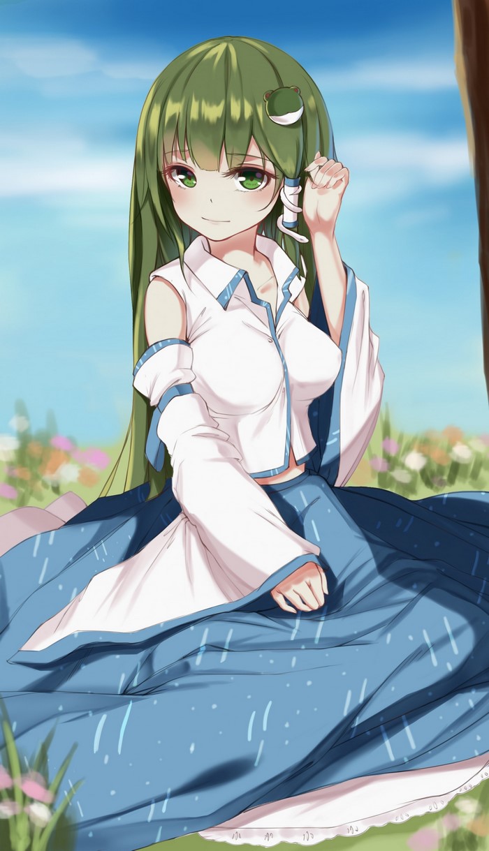 Kochiya Sanae from Touhou sitting in a field