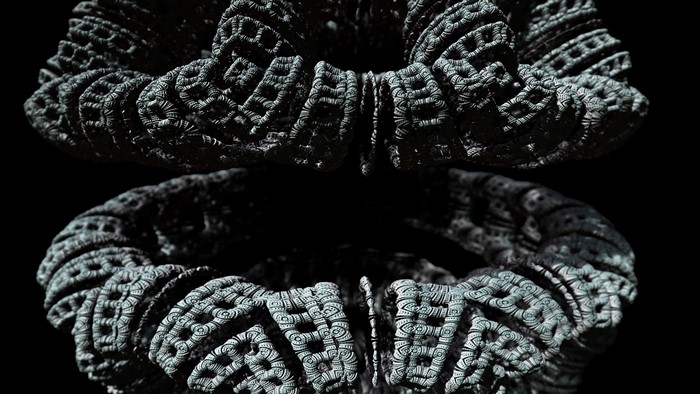Monochrome 3D fractal render with intricate patterns