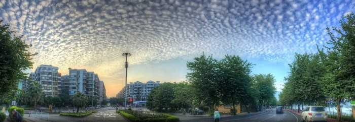Cityscape with unique cloud formations and trees