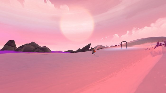 Character in a pink desert landscape with a large sun