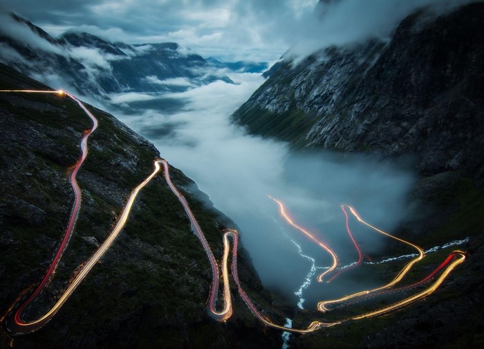 Trollstigen Road in Norway with Light Trails at Night