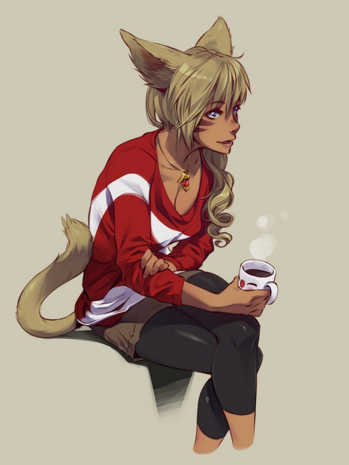 Anime fox girl holding a coffee mug