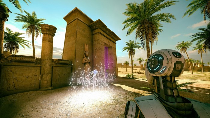 Robot in front of an ancient Egyptian temple in The Talos Principle