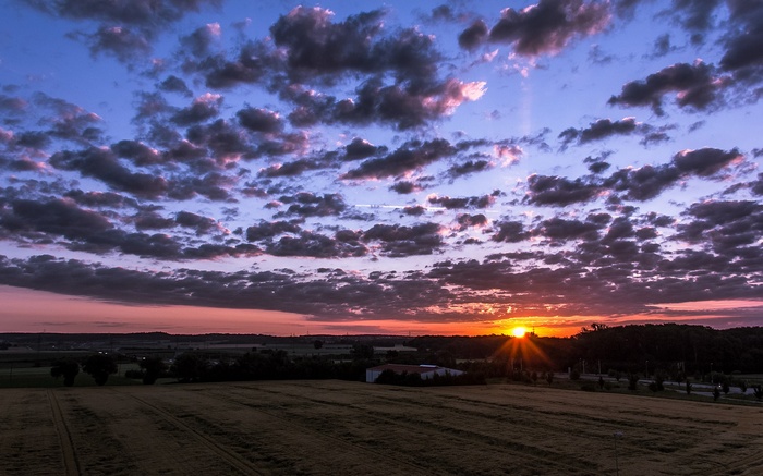 Sunset over a field with clouds