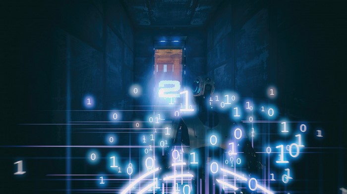 Robot in a dark hallway with binary code