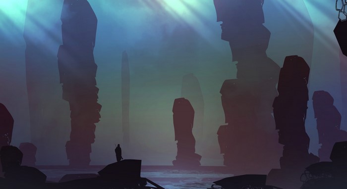 Fantasy landscape with tall rock formations and a lone figure
