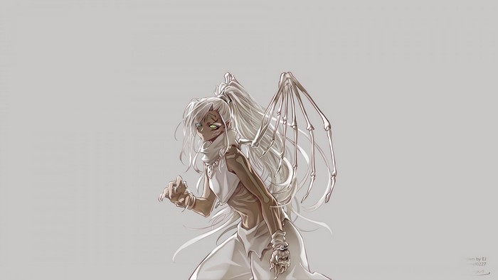 Fantasy art of a dark-skinned character with white hair and skeletal wings