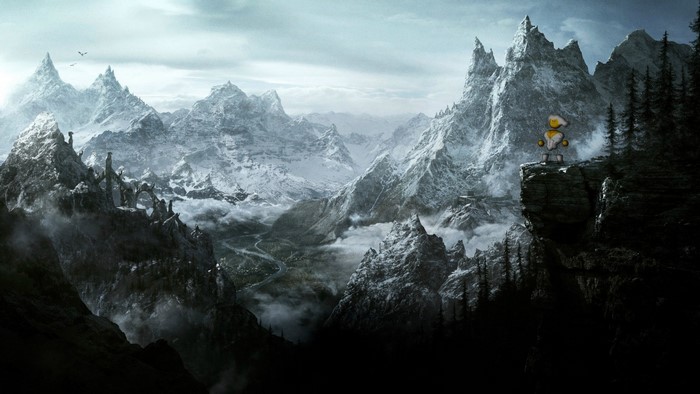 Robot on a cliff overlooking a snowy mountain valley