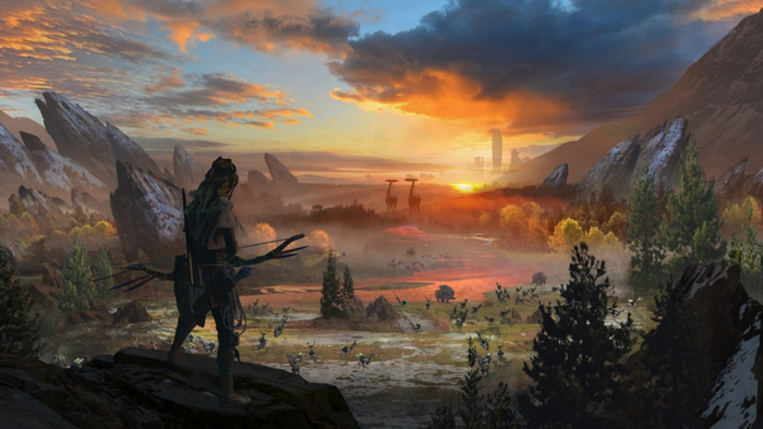 Aloy from Horizon Zero Dawn overlooking a valley at sunset