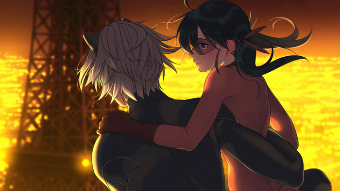 Miraculous Ladybug and Cat Noir at Eiffel Tower Night