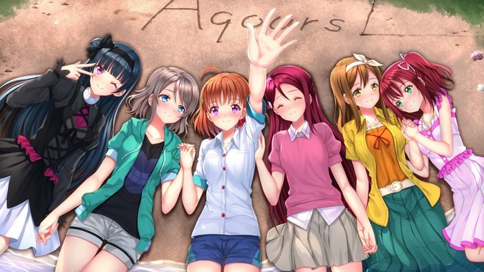 Aqours from Love Live! Sunshine!! lying on sand