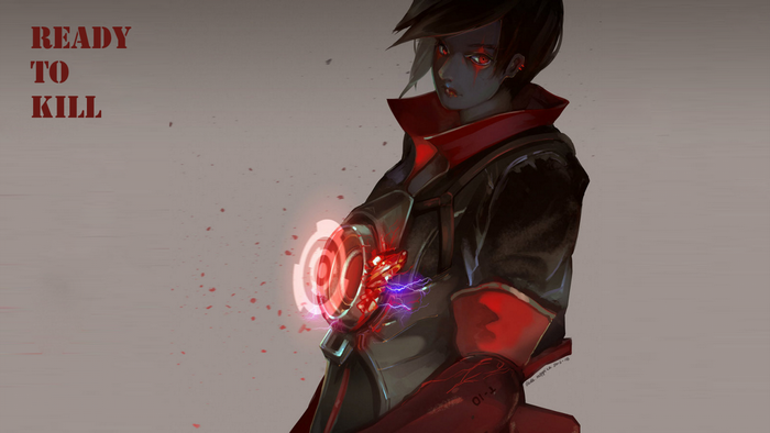 Anime character with red accents and glowing device