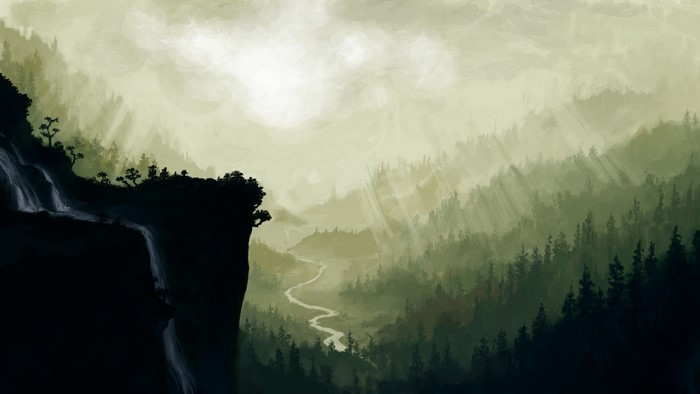 Misty forest valley with sunbeams and waterfall