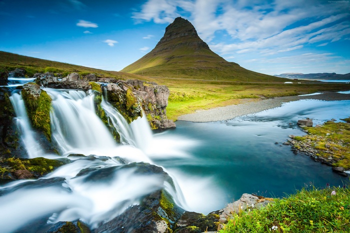 Waterfall and mountain in Iceland, 4K