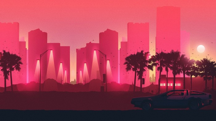 Synthwave cityscape with DMC DeLorean and palm trees at dusk