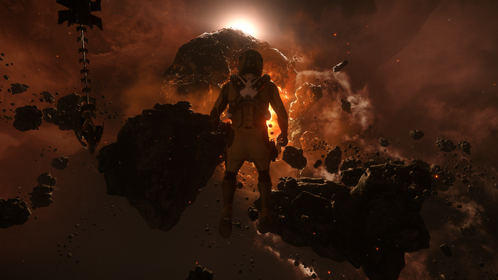 Astronaut in space near an asteroid explosion