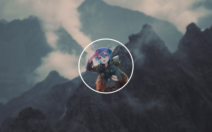 Anime girl with blue hair in a circle over mountains
