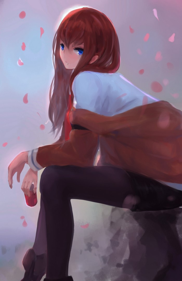 Makise Kurisu from Steins;Gate sitting outdoors