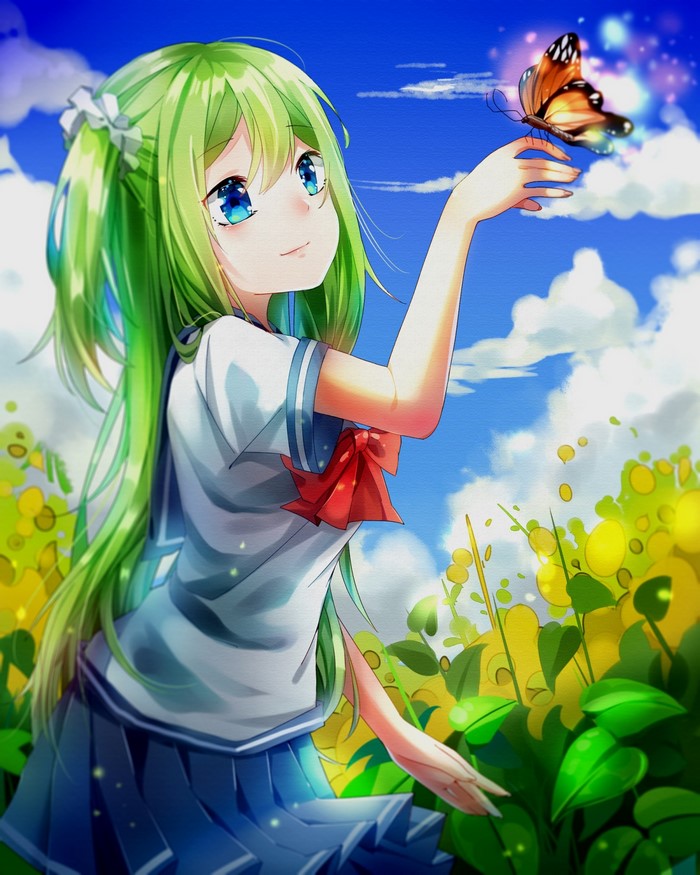 Anime girl with green hair and blue eyes and a butterfly