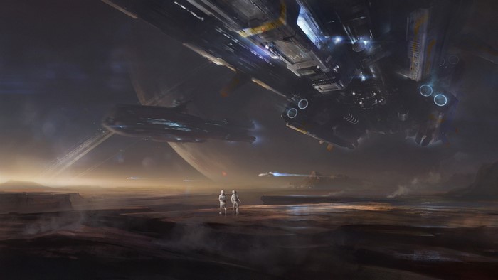 Spaceships landing on a desolate planet with two astronauts observing
