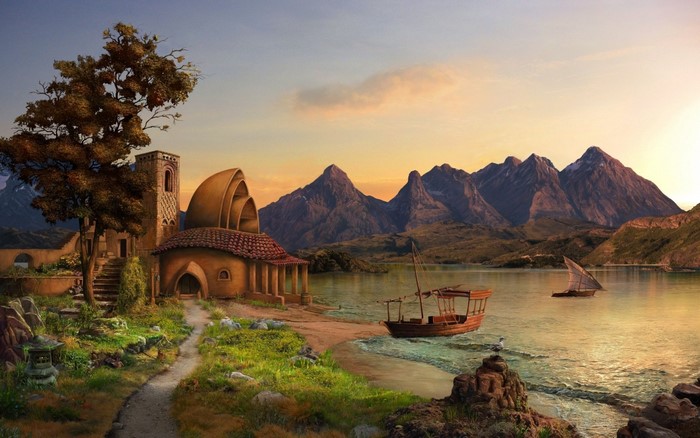 Digital art landscape with mountains, lake, and boats