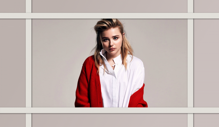 Chloe Grace Moretz wearing a red cardigan and white shirt