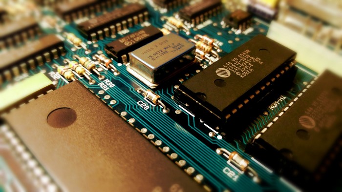 Closeup of Retro Computer Motherboard with Microchips