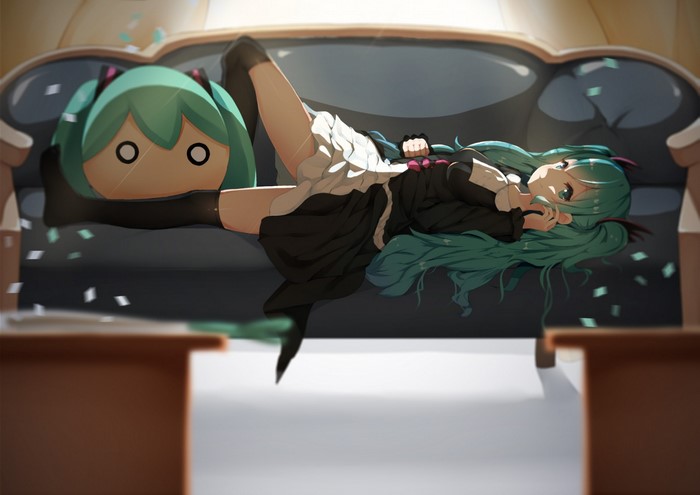 Hatsune Miku from Vocaloid lying on a couch