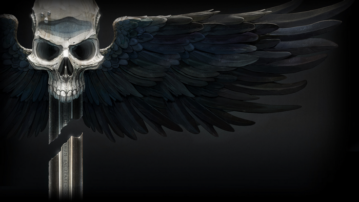 Skull with black wings and broken sword