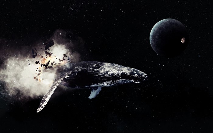 Whale swimming in space near a planet and moon