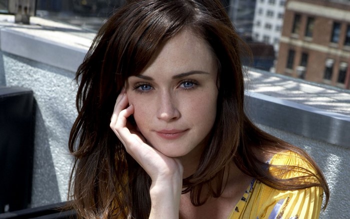 Alexis Bledel portrait with blue eyes and brown hair