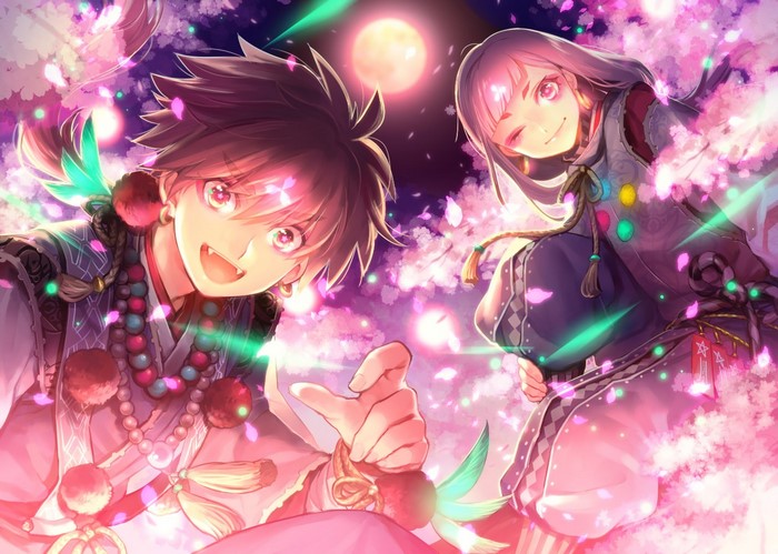 Anime illustration of a boy and girl under a full moon