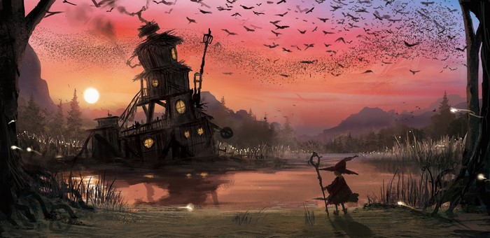 Fantasy art of a witch by a haunted house at sunset