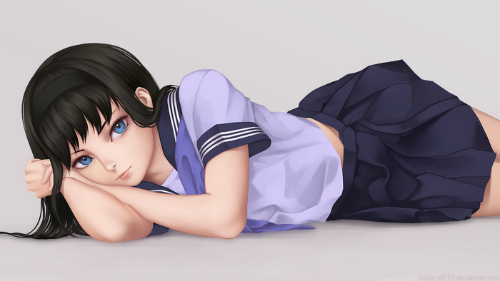 Anime girl with black hair and blue eyes lying down