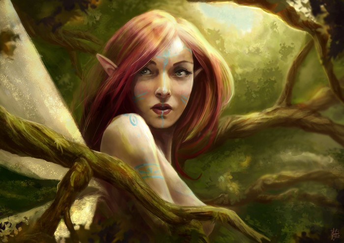 Painting of a fairy with red hair and blue markings