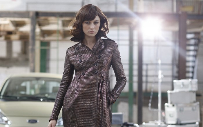 Olga Kurylenko in a patterned coat