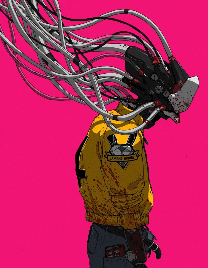 Cyberpunk character with robotic head and yellow jacket