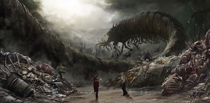 Giant creature over a destroyed cityscape with people running