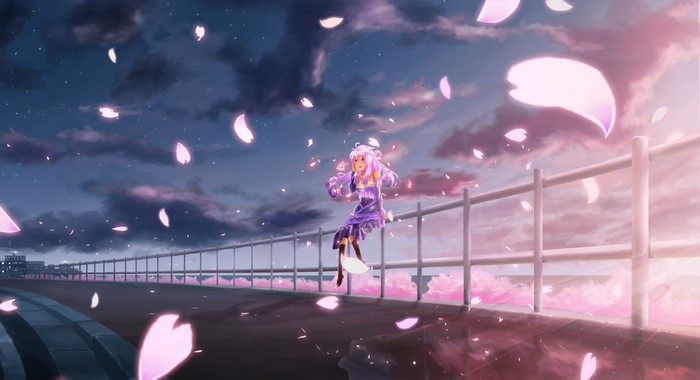 Anime girl with purple hair sitting on a railing with falling cherry blossoms