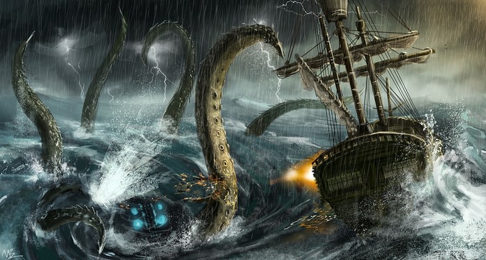 Kraken attacking a sailing ship in a storm