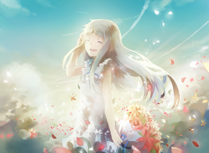 Menma from Anohana smiling in a field of flowers