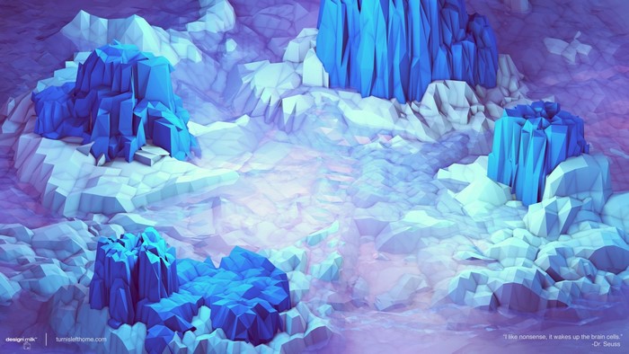 Low poly ice cave landscape with quote